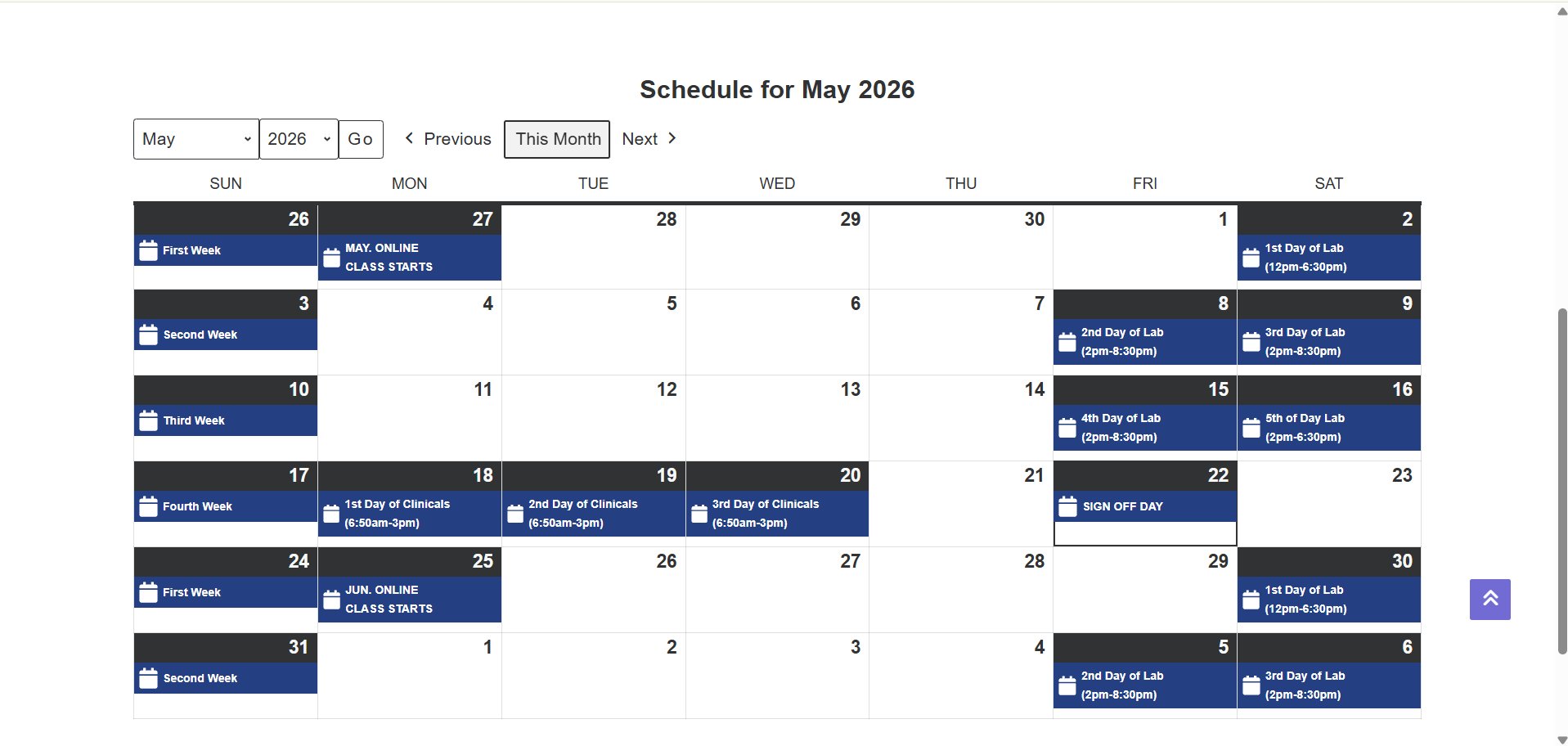 Primrose Health Institute academic calendar
